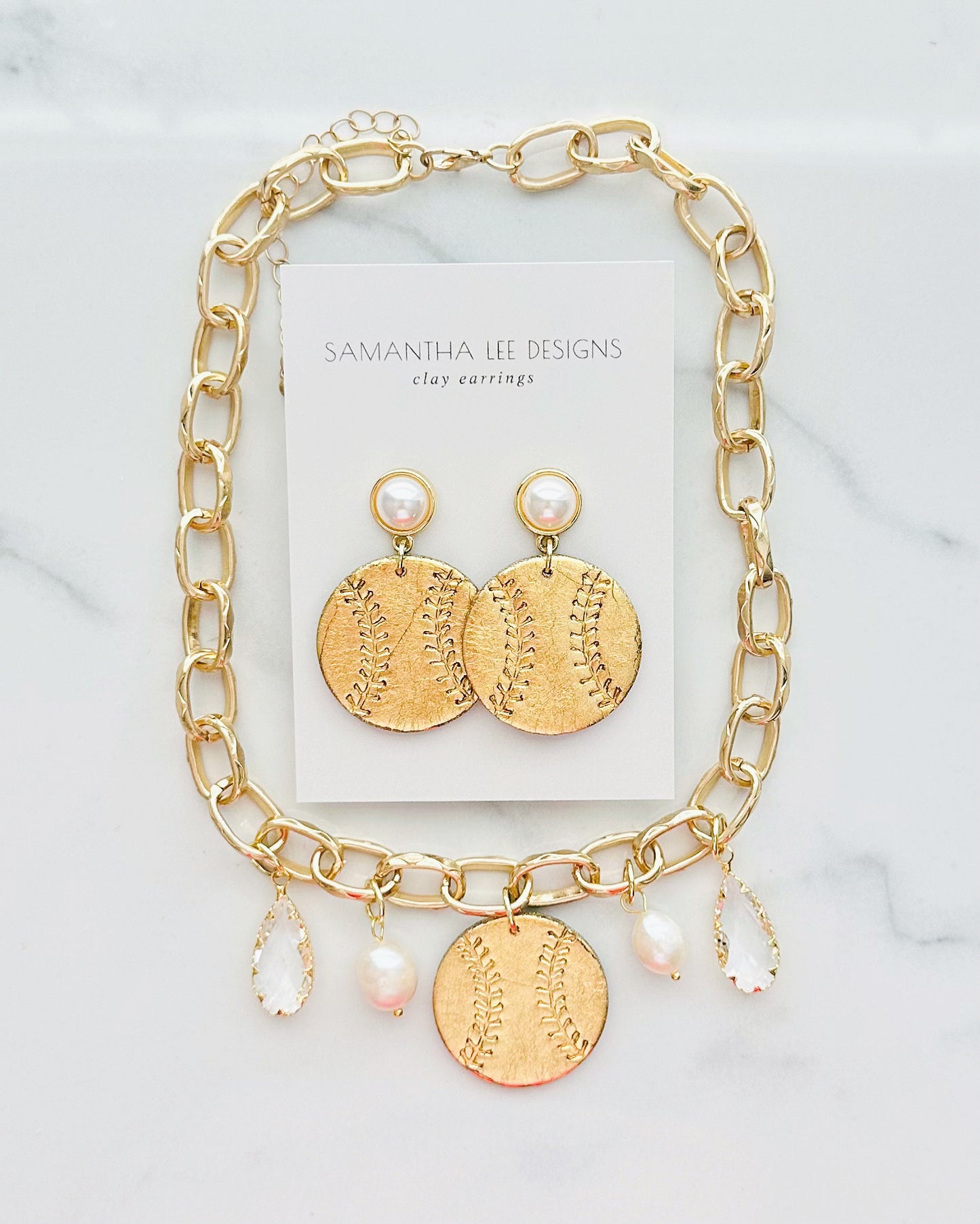Pearl Baseball & Charm Necklace Set