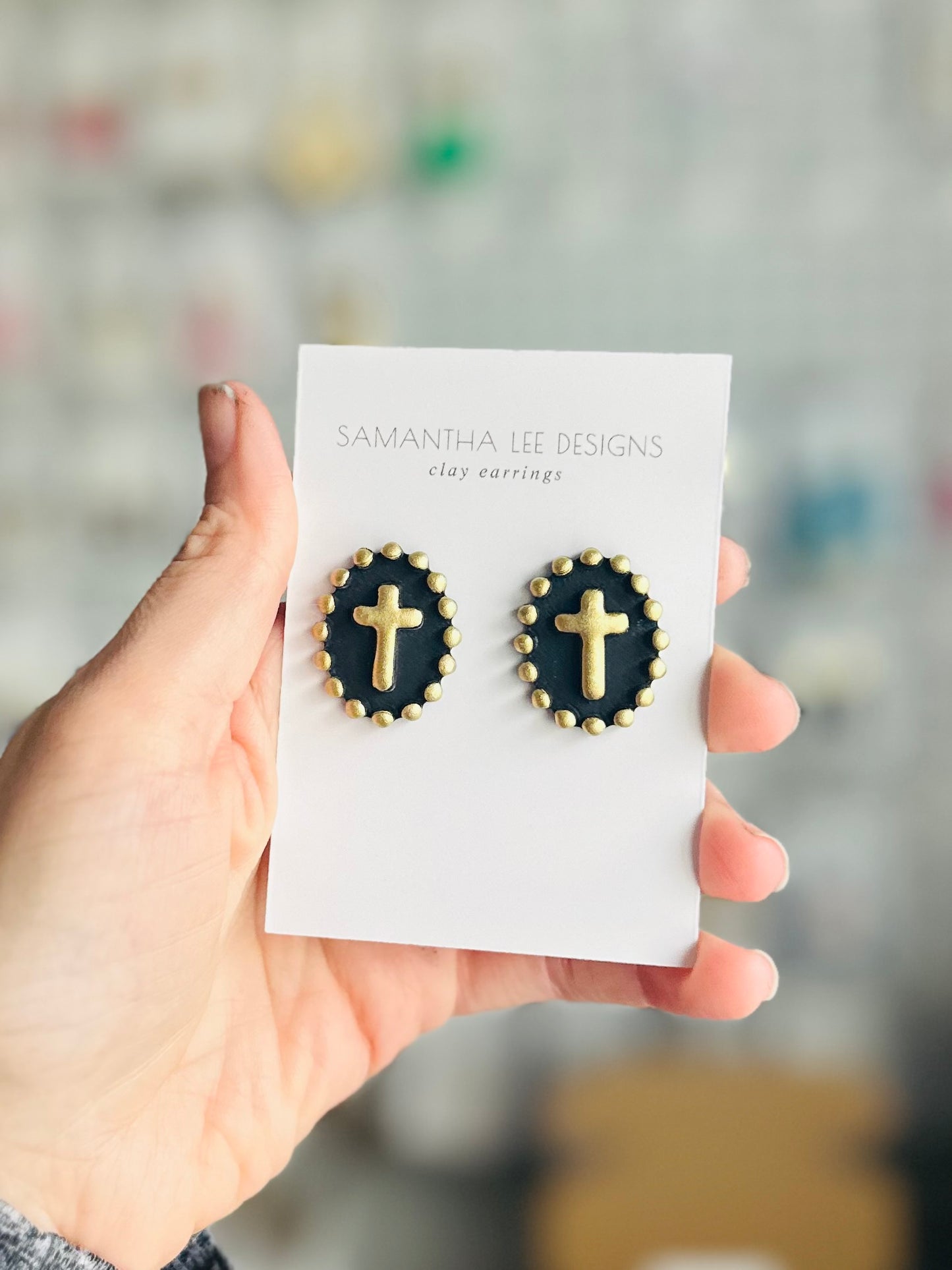 Black Beaded Cross Studs