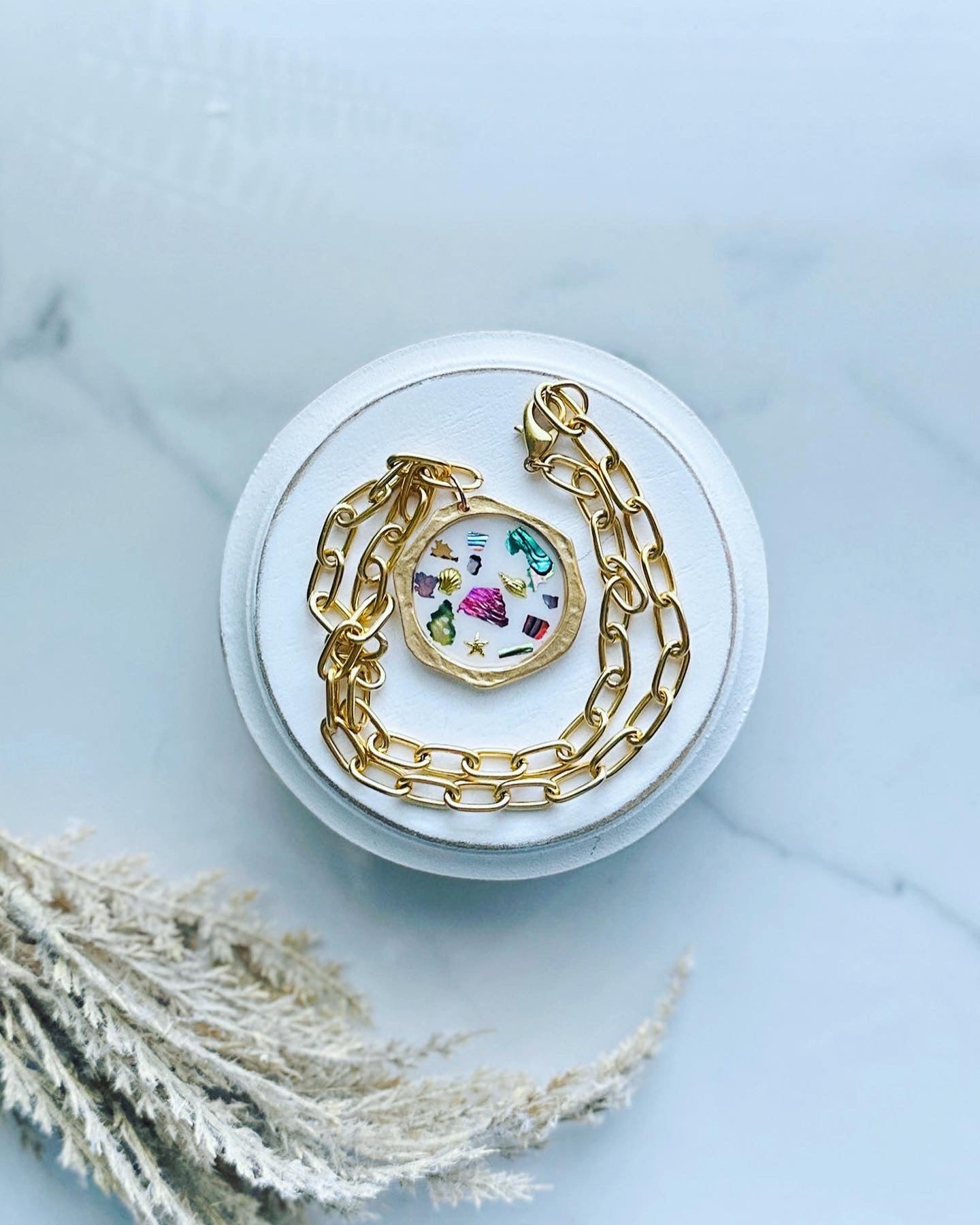 Abalone and clay pendant on paper clip chain