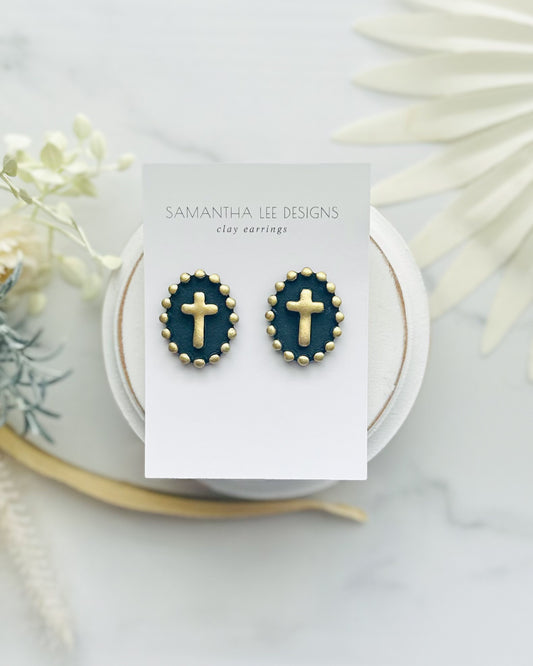 Black Beaded Cross Studs